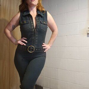 y2k McBling Western Motoboho Bikercore Stretch Denim Zip Up Riveted Jumpsuit